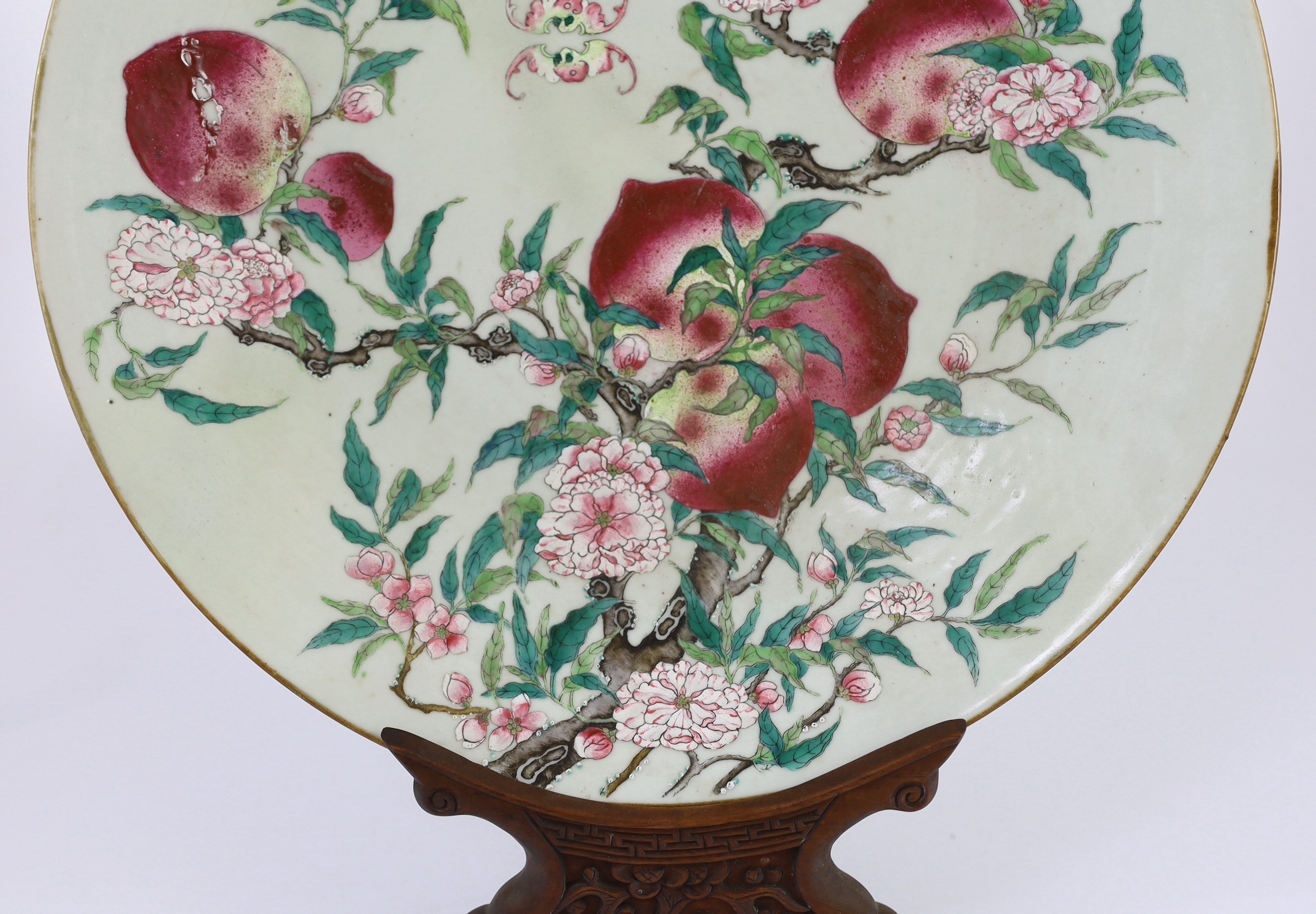 A large Chinese ‘nine peach’ enamelled porcelain dish, Qianlong seal mark but 19th century